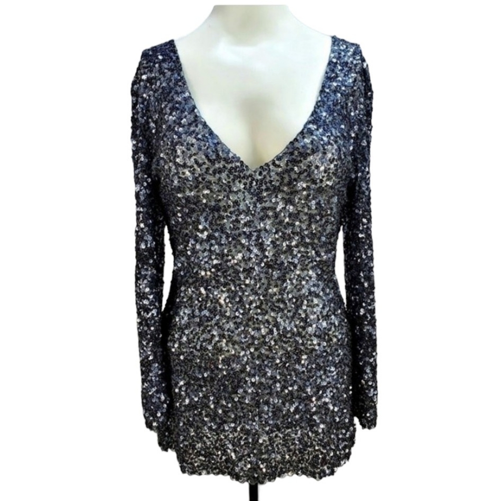 Vintage Lotus London V-Neck Silver Sequin Blouse L